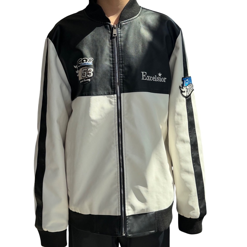 Chor Clothing Co Mens XL Faux Leather Racing Jacket Black White Motor Racing